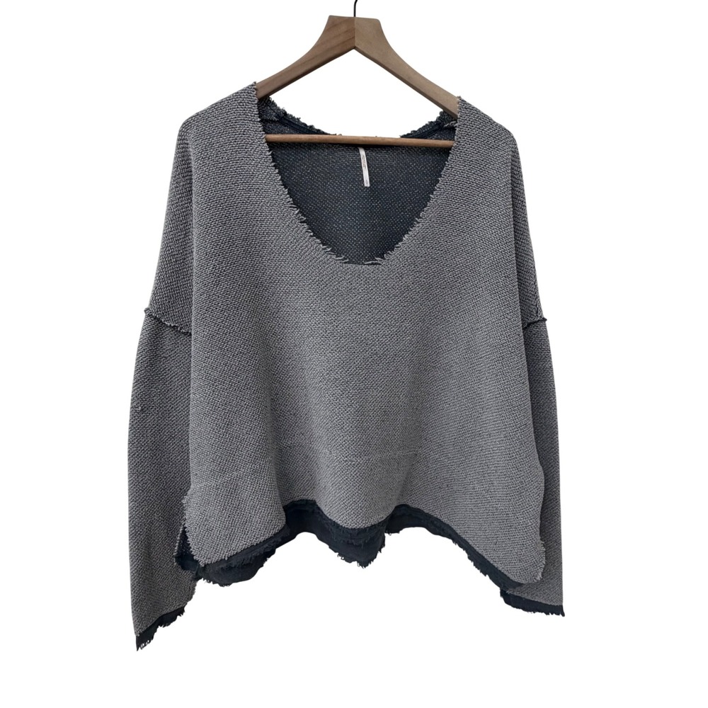 Free People‎ Sweater Small Grey V-Neck Oversized Raw Hem Boho Slouchy Pullover